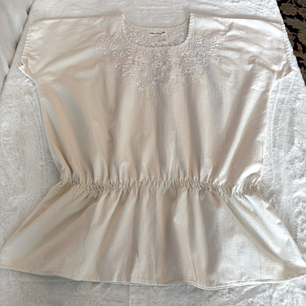 Memory Cream w/White Floral Embroidery 100% Cotton Cinched Waist Blouse- size L - Picture 10 of 14